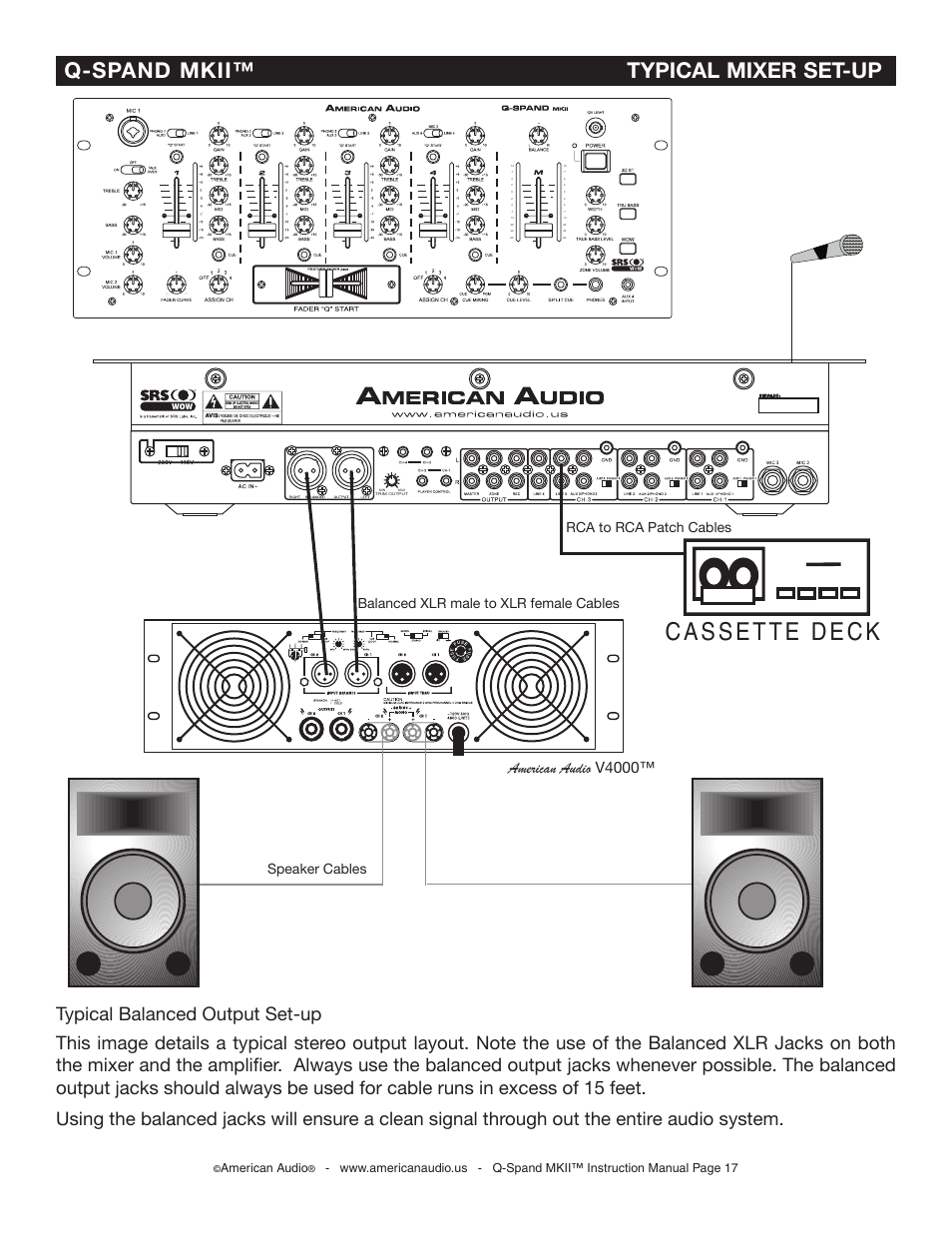 Cassette deck, Q-spand mkii™ typical mixer set-up, American audio v4000 | Rca to rca patch cables, American audio | American Audio SWITCH User Manual | Page 17 / 23