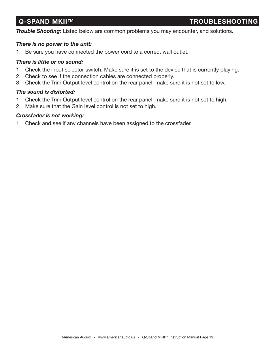 Q-spand mkii™ troubleshooting | American Audio SWITCH User Manual | Page 19 / 23