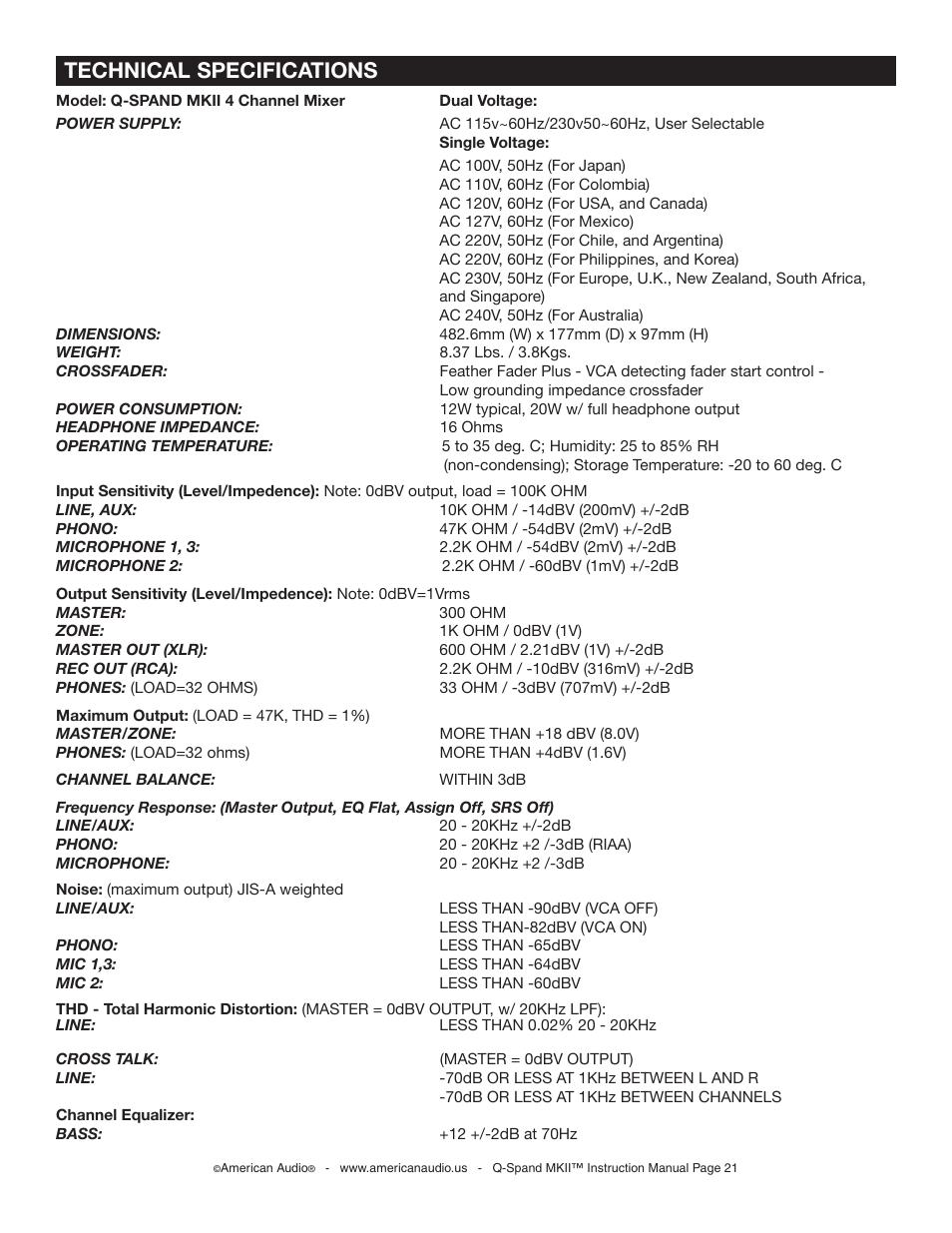 Technical specifications | American Audio SWITCH User Manual | Page 21 / 23