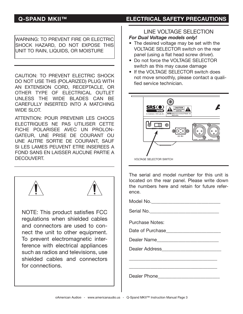 Q-spand mkii™ electrical safety precautions, Line voltage selection | American Audio SWITCH User Manual | Page 3 / 23