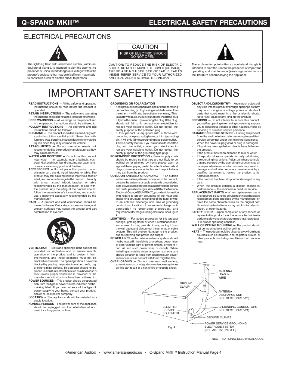 Important safety instructions, Electrical precautions, Q-spand mkii™ electrical safety precautions | Caution | American Audio SWITCH User Manual | Page 4 / 23