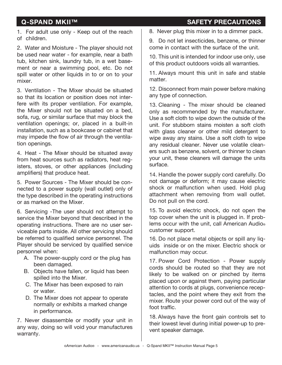 Q-spand mkii™ safety precautions | American Audio SWITCH User Manual | Page 5 / 23