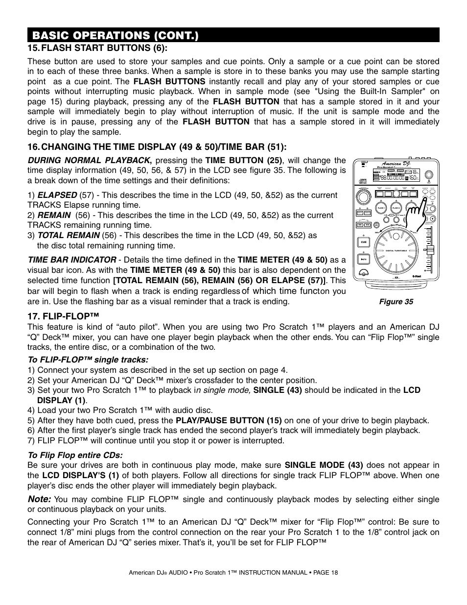 Basic operations (cont.), Flash start buttons (6), Of which time func | Flip-flop, Figure 35, Disc in/out slot, On off, Seamless loop | American Audio Pro Scratch 1 User Manual | Page 18 / 28