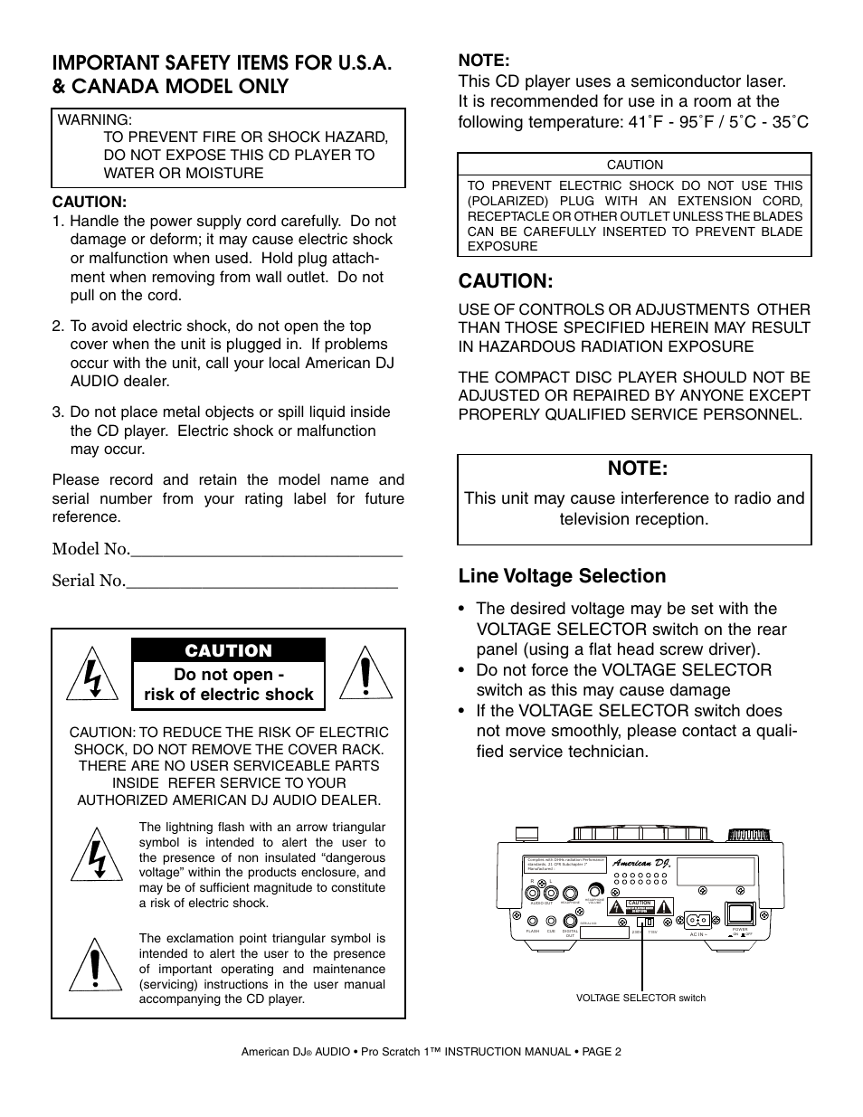 Caution, Line voltage selection, Model no._________________________ serial no | Caution do not open - risk of electric shock | American Audio Pro Scratch 1 User Manual | Page 2 / 28