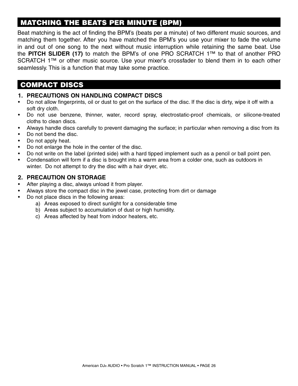 Compact discs, Matching the beats per minute (bpm) | American Audio Pro Scratch 1 User Manual | Page 26 / 28