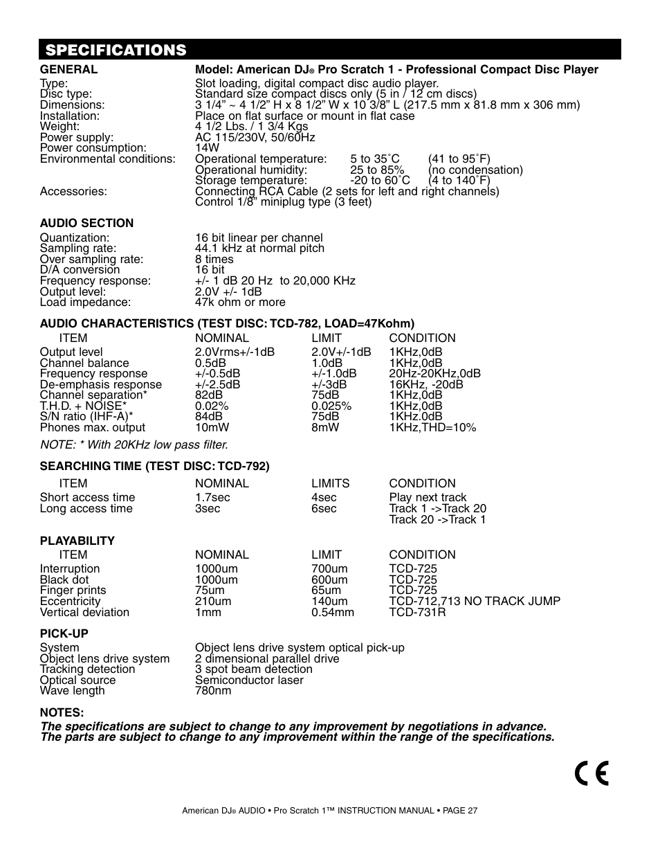 Specifications | American Audio Pro Scratch 1 User Manual | Page 27 / 28