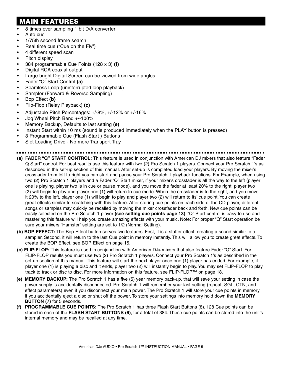 Main features | American Audio Pro Scratch 1 User Manual | Page 5 / 28