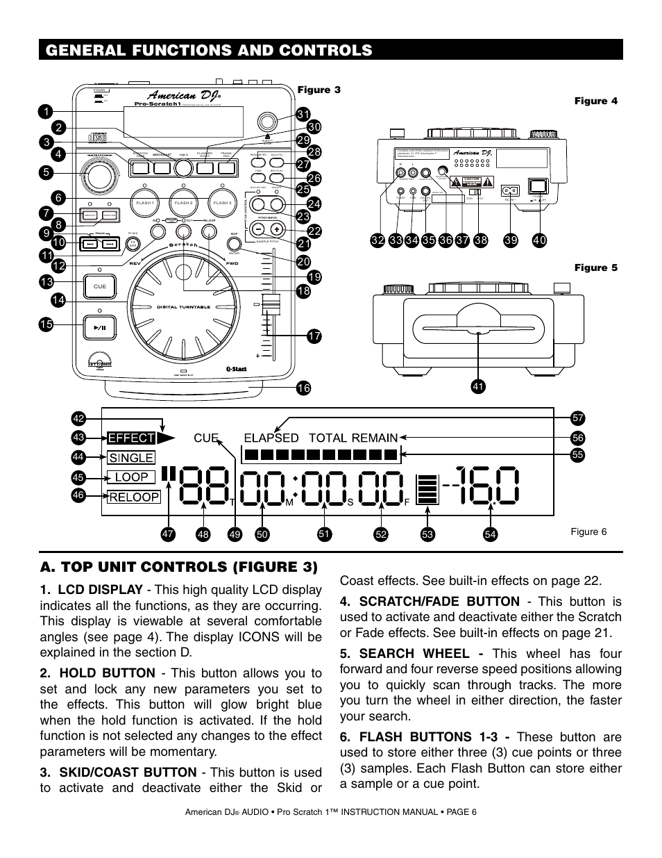 General functions and controls, A. top unit controls (figure 3) | American Audio Pro Scratch 1 User Manual | Page 6 / 28