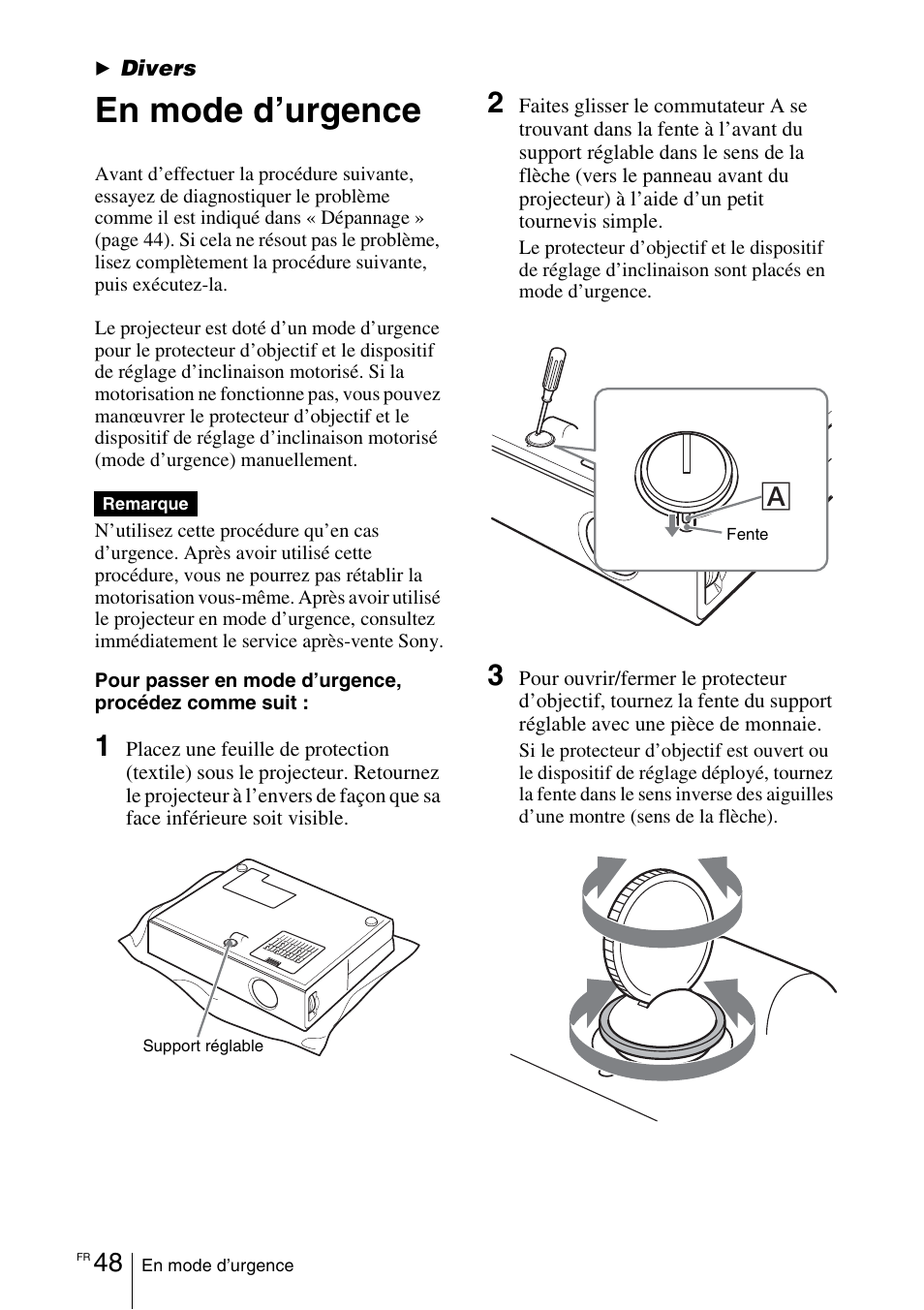 Divers, En mode d’urgence | Sony VPL-EX1 User Manual | Page 102 / 164