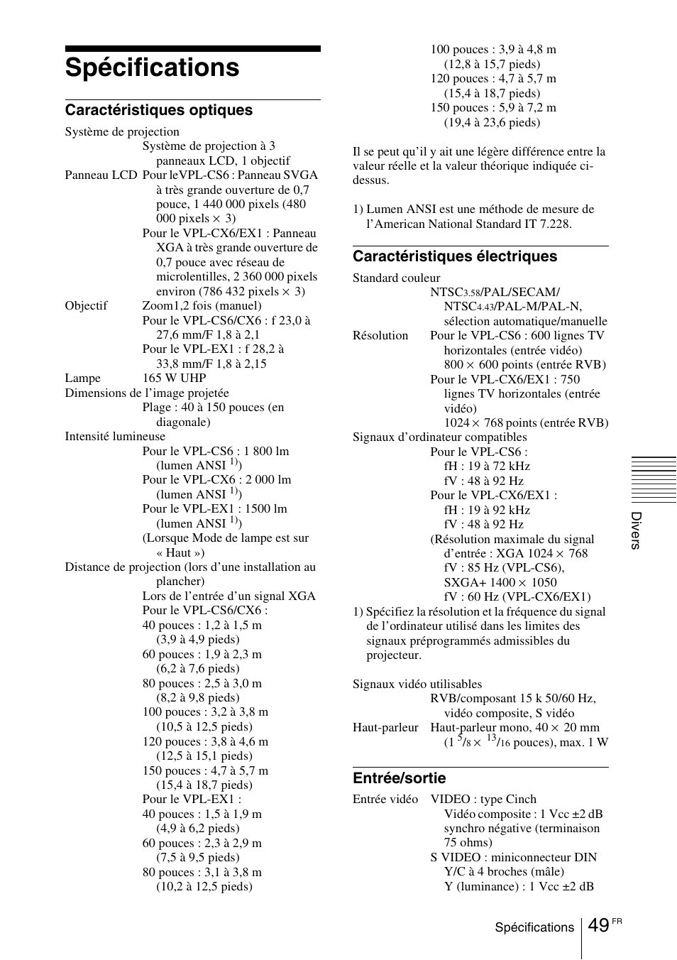 Spécifications, Caractéristiques optiques, Caractéristiques électriques | Entrée/sortie | Sony VPL-EX1 User Manual | Page 103 / 164