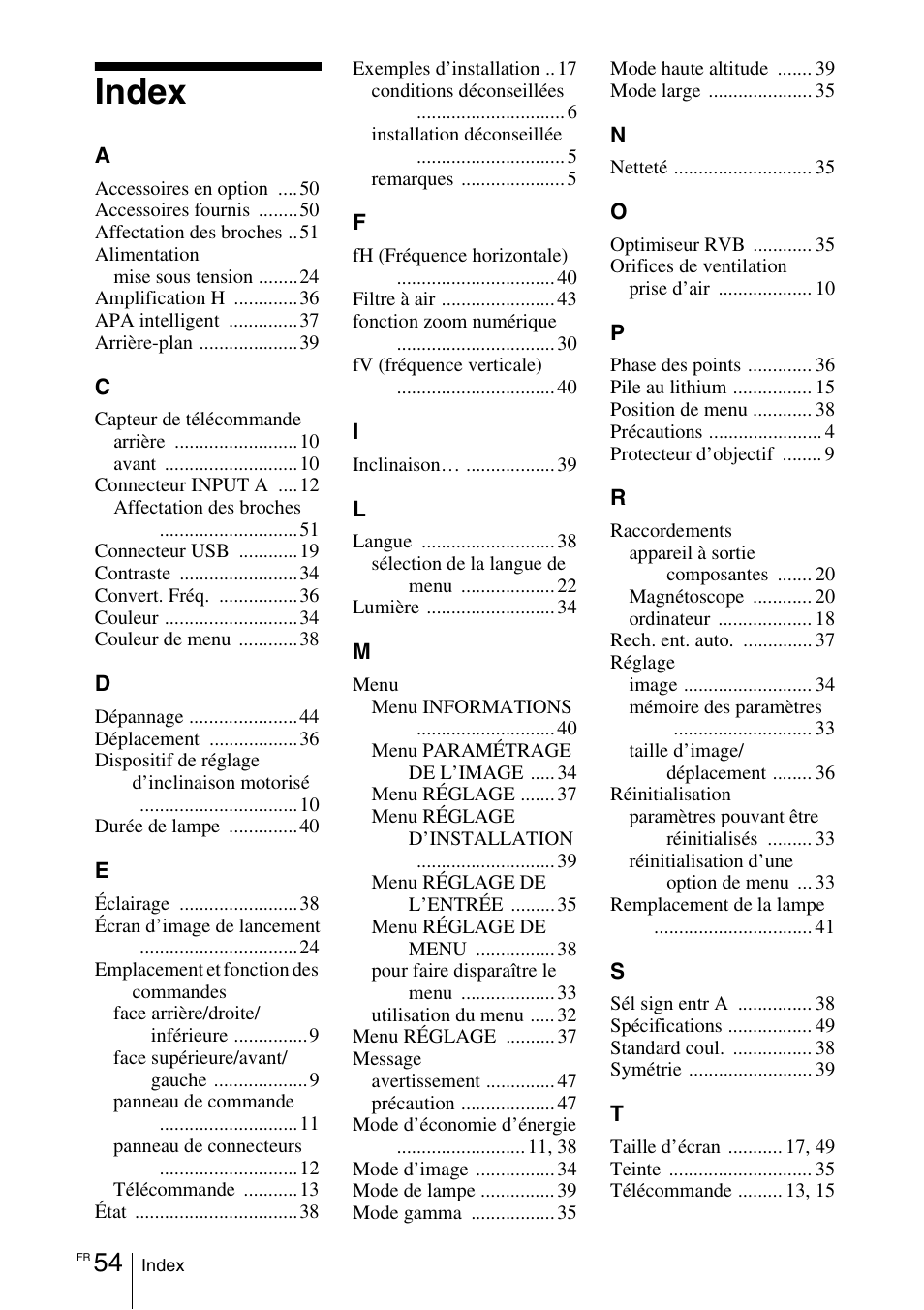 Index | Sony VPL-EX1 User Manual | Page 108 / 164