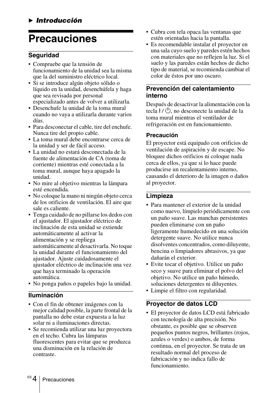 Introducción, Precauciones | Sony VPL-EX1 User Manual | Page 112 / 164