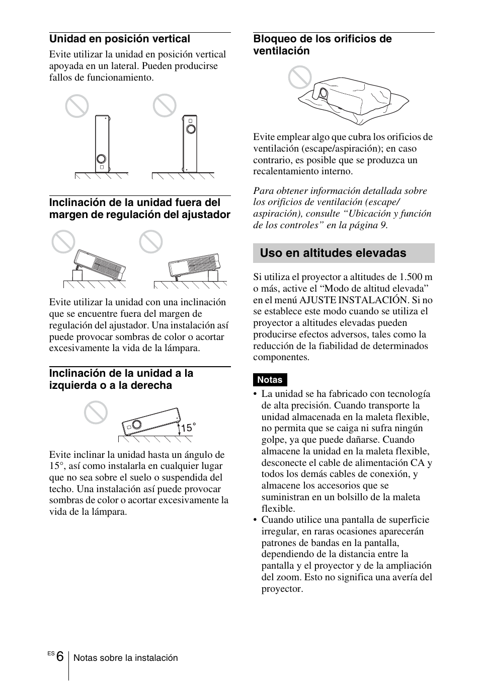 Uso en altitudes elevadas | Sony VPL-EX1 User Manual | Page 114 / 164