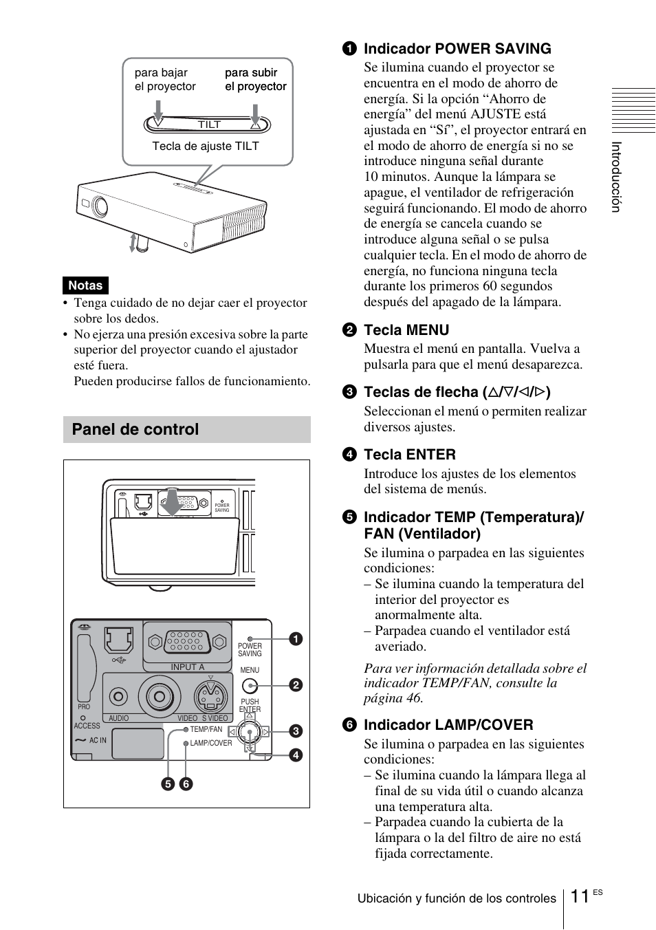 Panel de control, 1indicador power saving, 2tecla menu | 3teclas de flecha ( f / f / g / g ), 4tecla enter, 5indicador temp (temperatura)/ fan (ventilador), 6indicador lamp/cover | Sony VPL-EX1 User Manual | Page 119 / 164