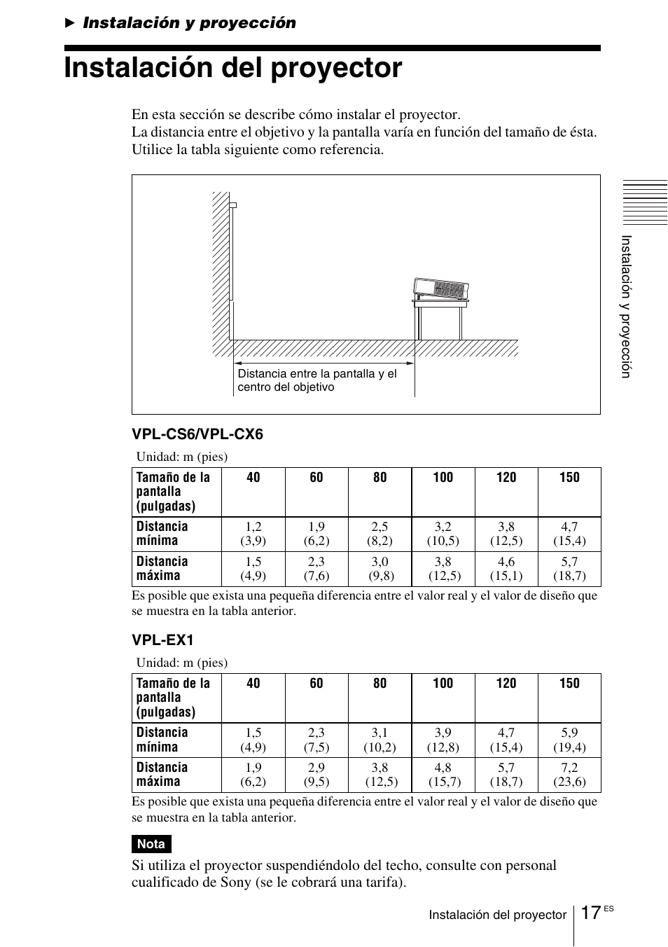 Instalación y proyección, Instalación del proyector | Sony VPL-EX1 User Manual | Page 125 / 164