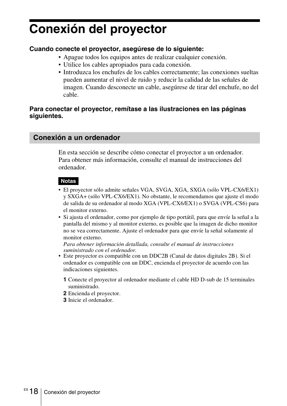 Conexión del proyector, Conexión a un ordenador | Sony VPL-EX1 User Manual | Page 126 / 164