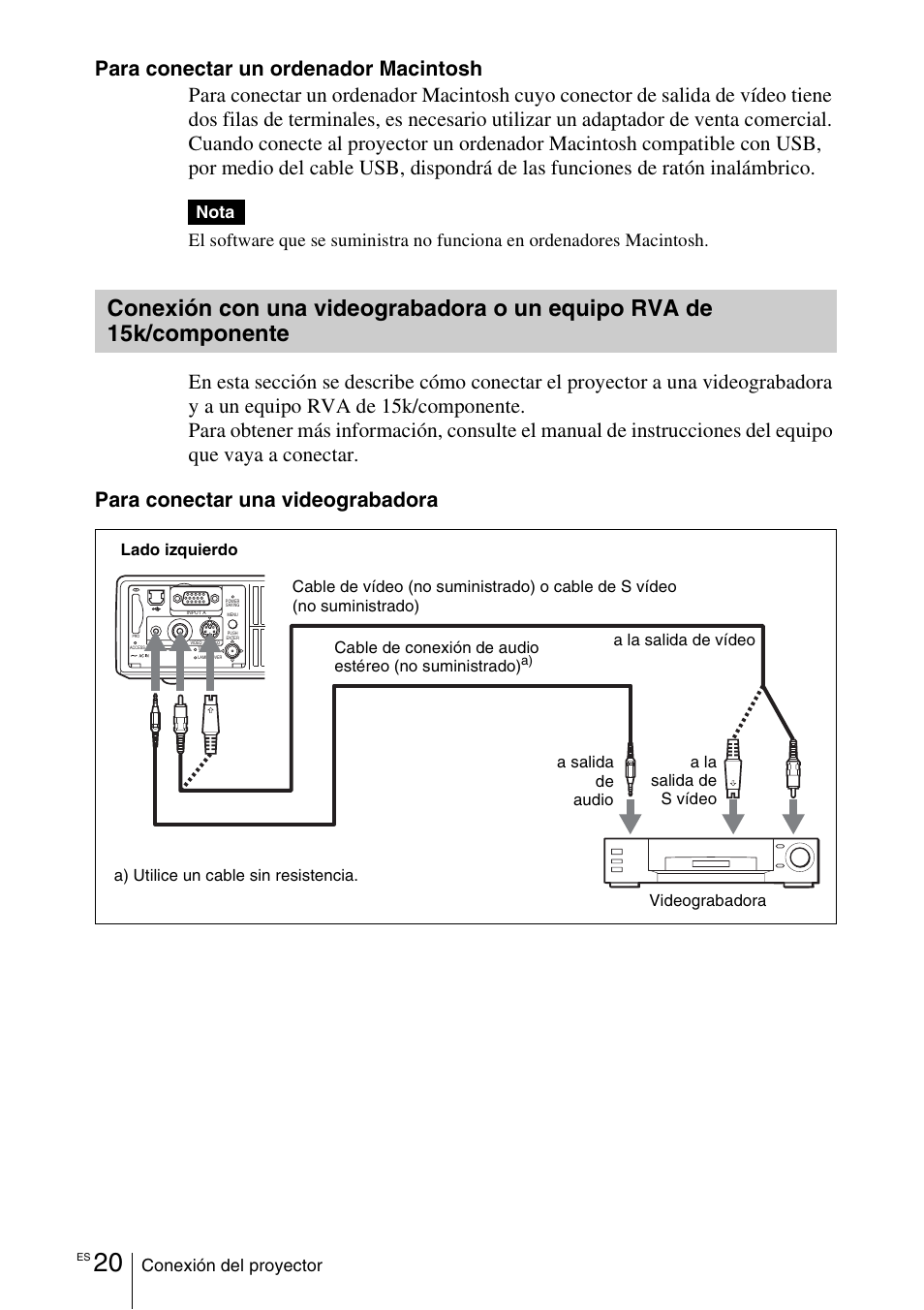Conexión con una videograbadora o, Un equipo rva de 15k/componente, Conexión del proyector | Nota | Sony VPL-EX1 User Manual | Page 128 / 164