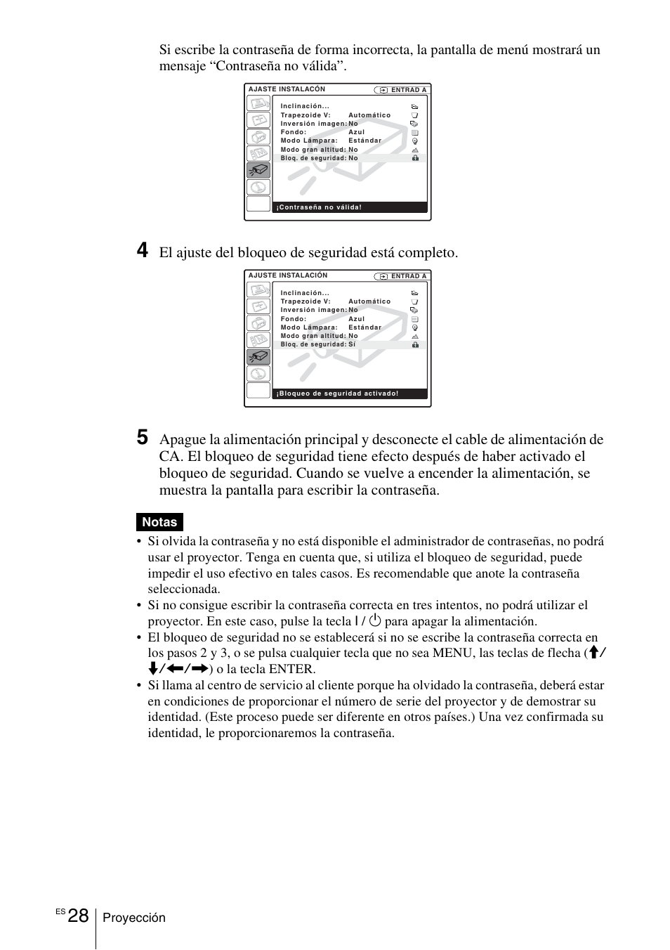 El ajuste del bloqueo de seguridad está completo | Sony VPL-EX1 User Manual | Page 136 / 164