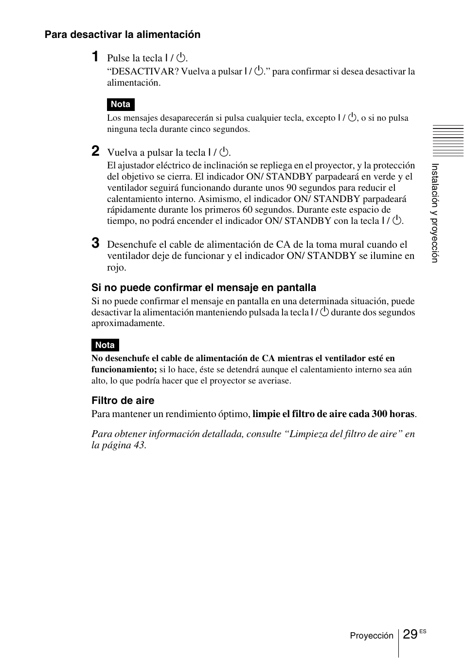 Para desactivar la alimentación” en la | Sony VPL-EX1 User Manual | Page 137 / 164