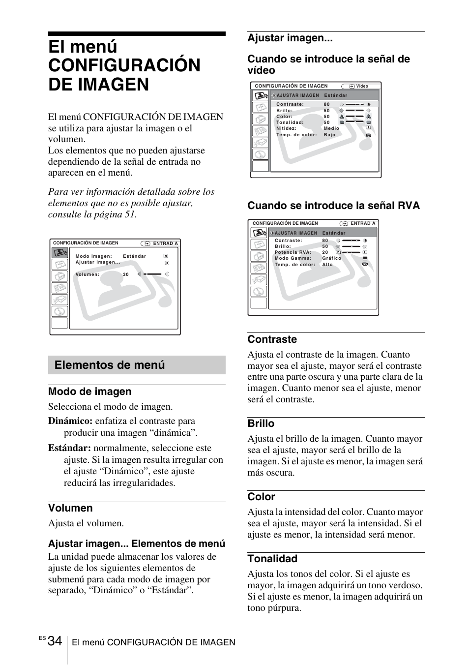 El menú configuración de imagen, Elementos de menú, Modo de imagen | Volumen, Brillo, Color, Tonalidad | Sony VPL-EX1 User Manual | Page 142 / 164