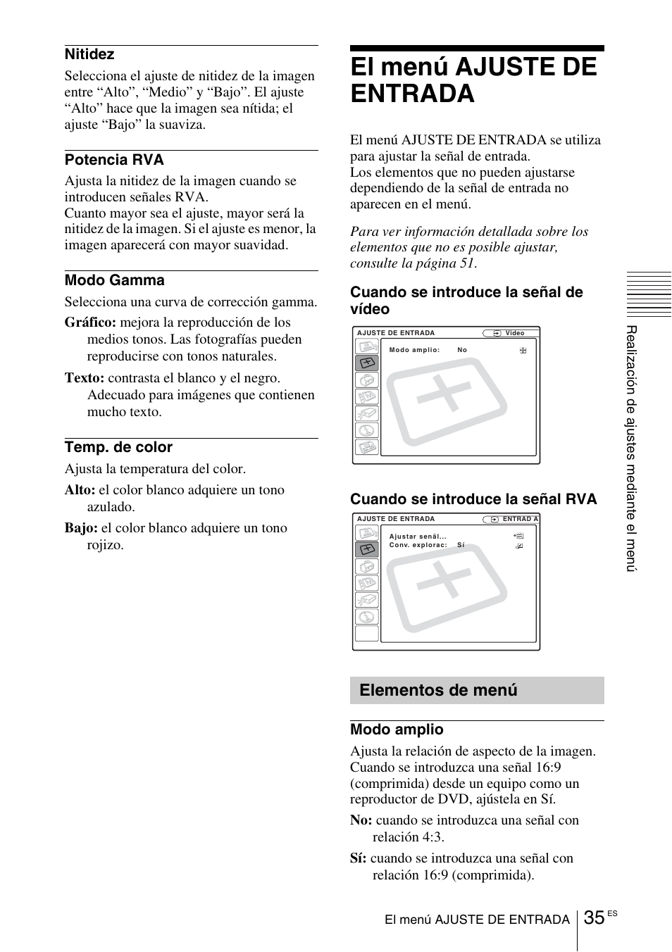 El menú ajuste de entrada, Elementos de menú | Sony VPL-EX1 User Manual | Page 143 / 164