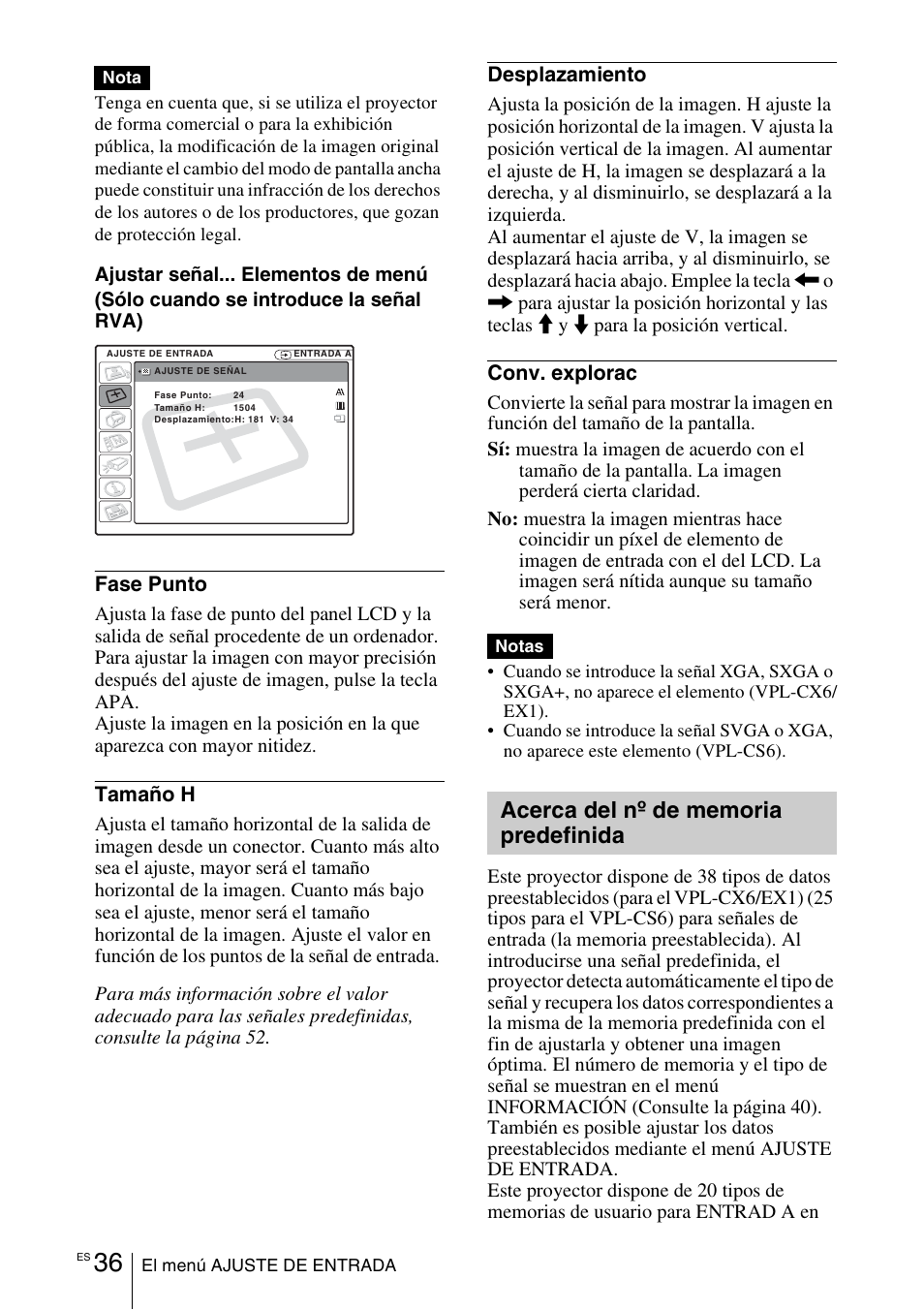 Fase punto, Tamaño h, Desplazamiento | Conv. explorac | Sony VPL-EX1 User Manual | Page 144 / 164