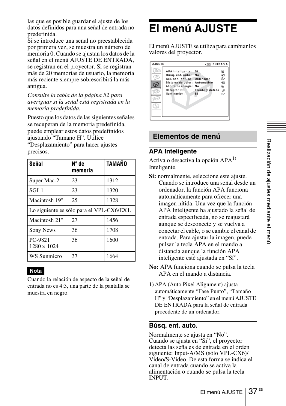 El menú ajuste, Elementos de menú | Sony VPL-EX1 User Manual | Page 145 / 164