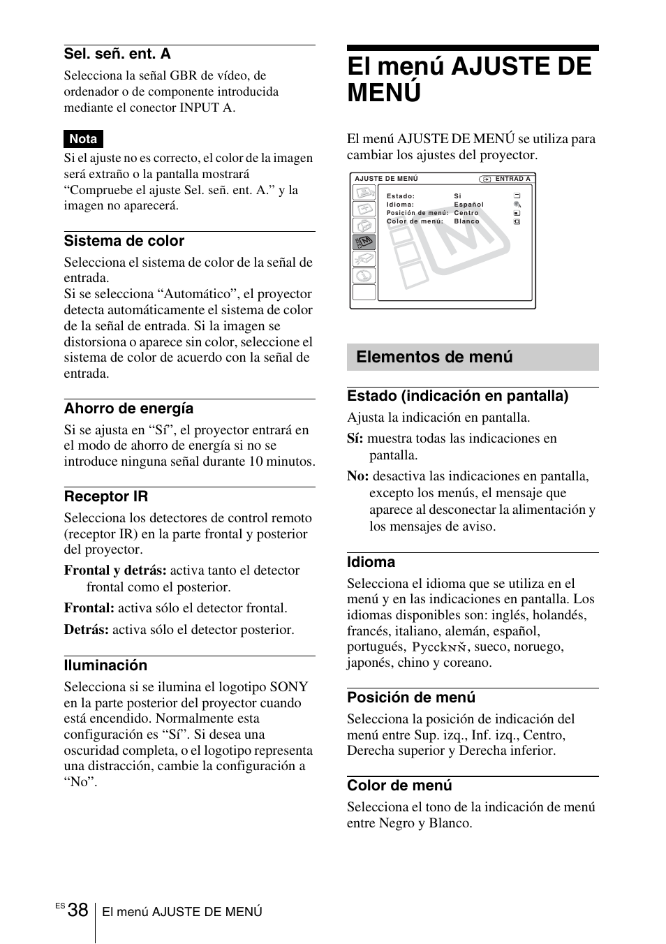 El menú ajuste de menú, Elementos de menú | Sony VPL-EX1 User Manual | Page 146 / 164