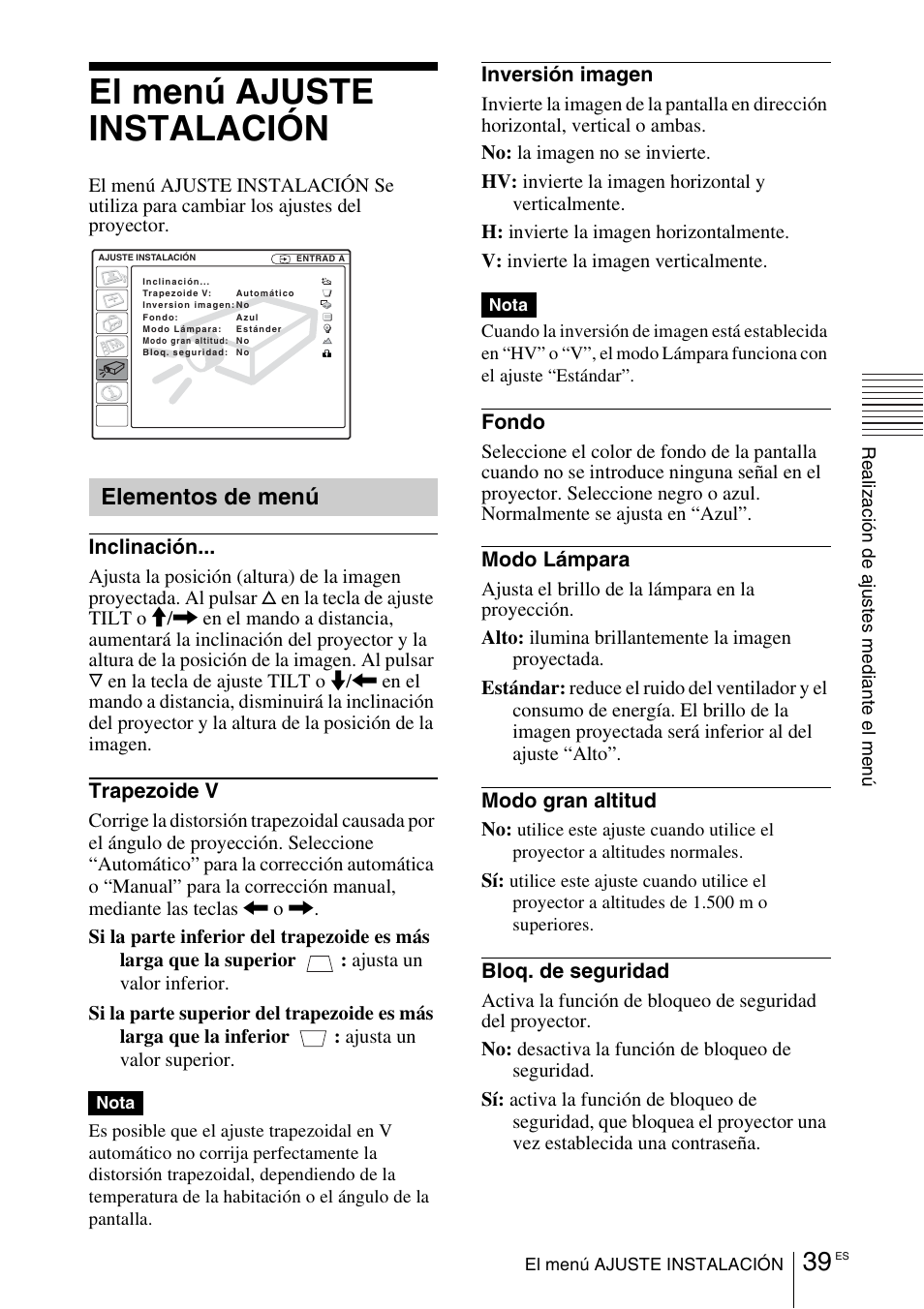 El menú ajuste instalación, Elementos de menú | Sony VPL-EX1 User Manual | Page 147 / 164
