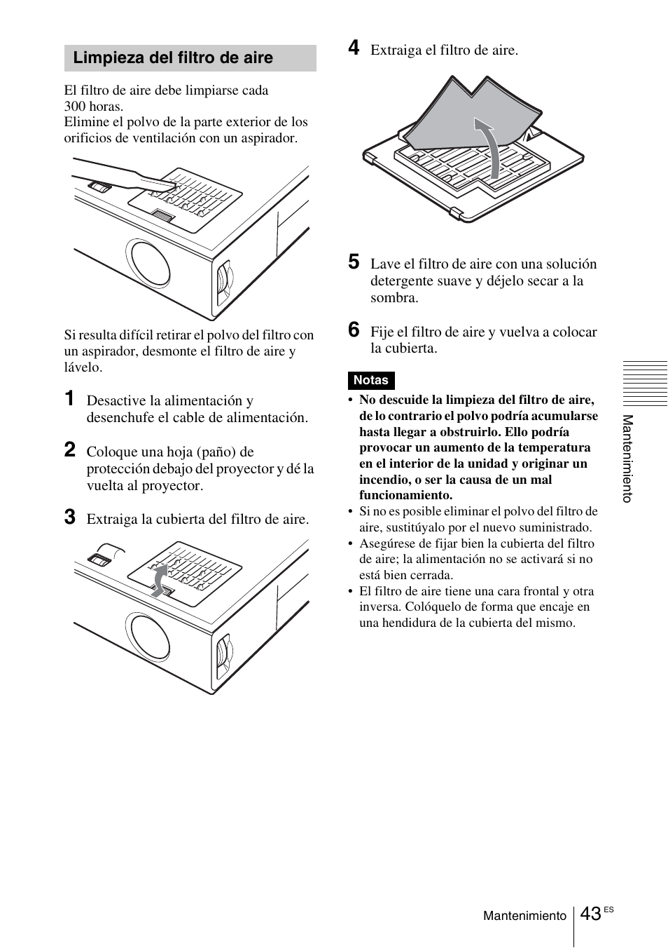 Limpieza del filtro de aire | Sony VPL-EX1 User Manual | Page 151 / 164
