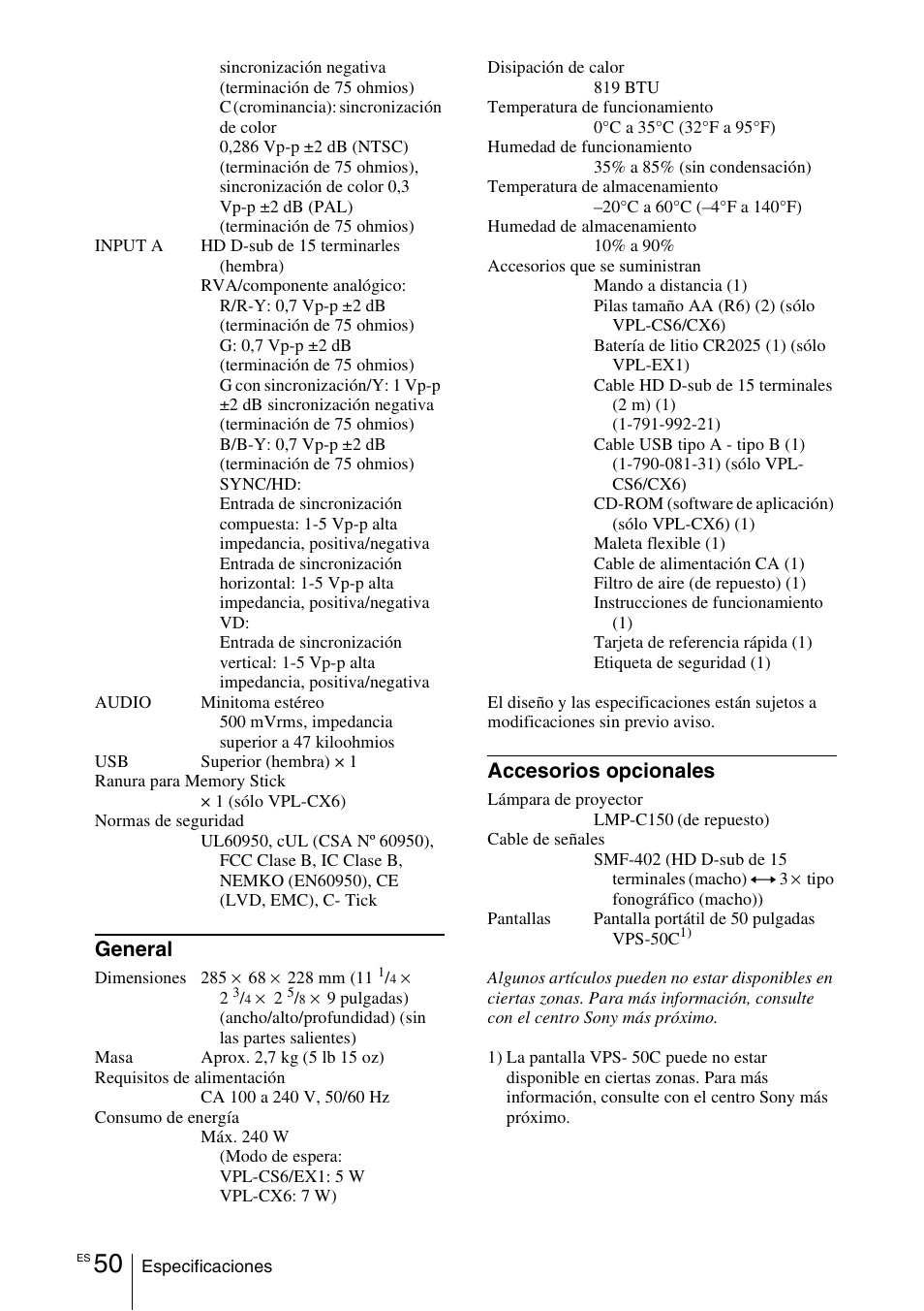 General, Accesorios opcionales | Sony VPL-EX1 User Manual | Page 158 / 164