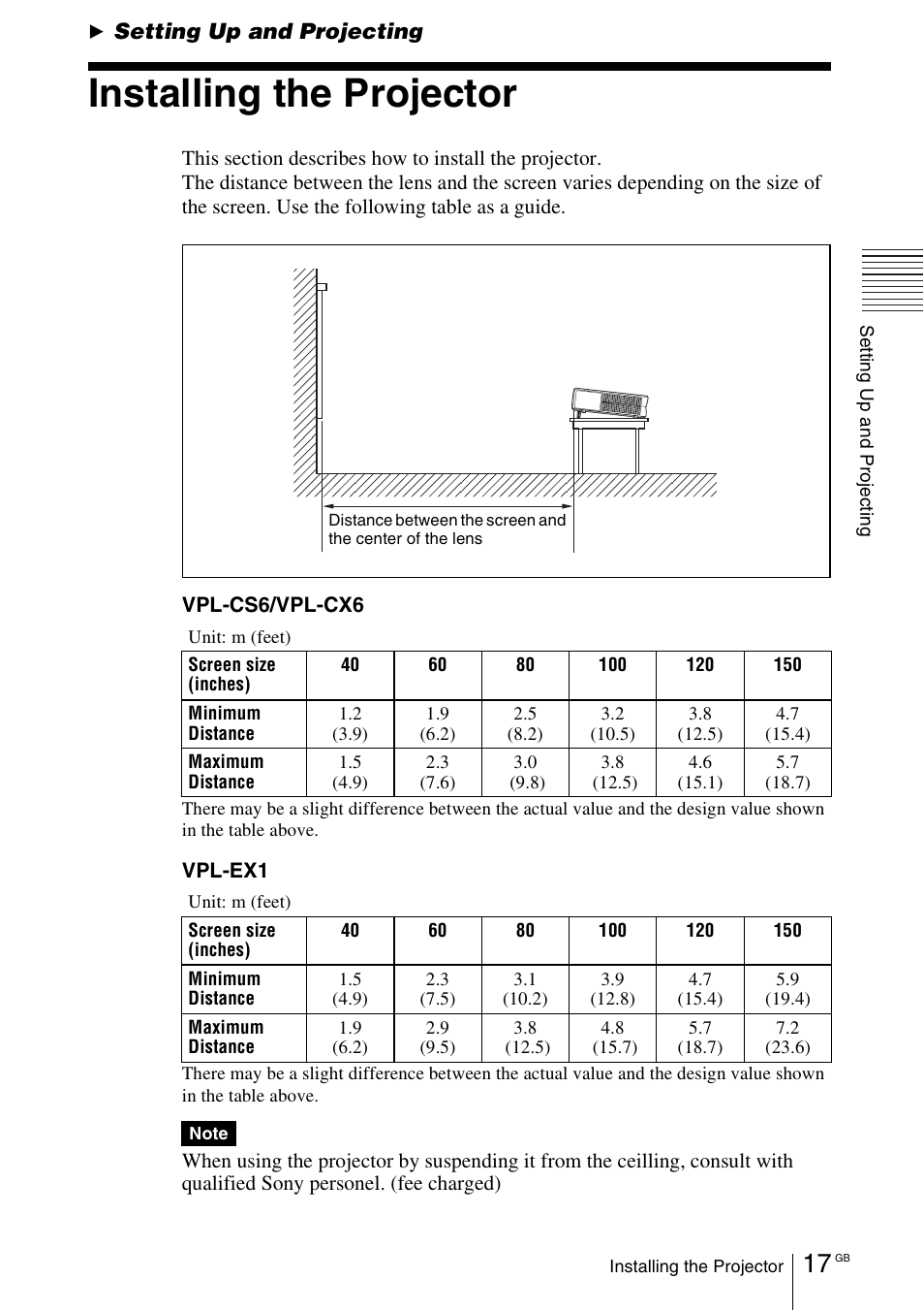 Setting up and projecting, Installing the projector | Sony VPL-EX1 User Manual | Page 17 / 164