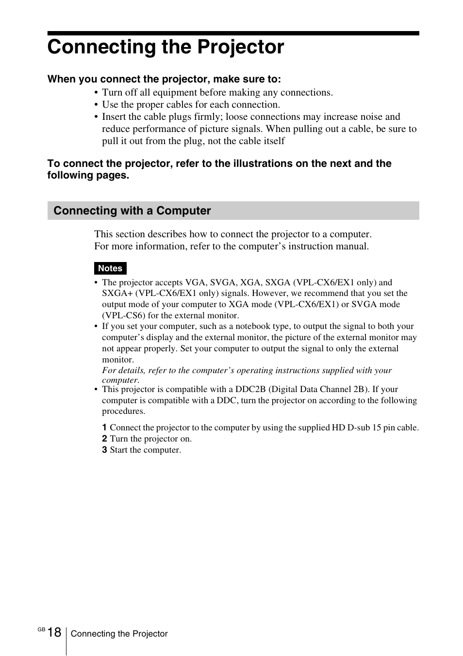 Connecting the projector, Connecting with a computer | Sony VPL-EX1 User Manual | Page 18 / 164