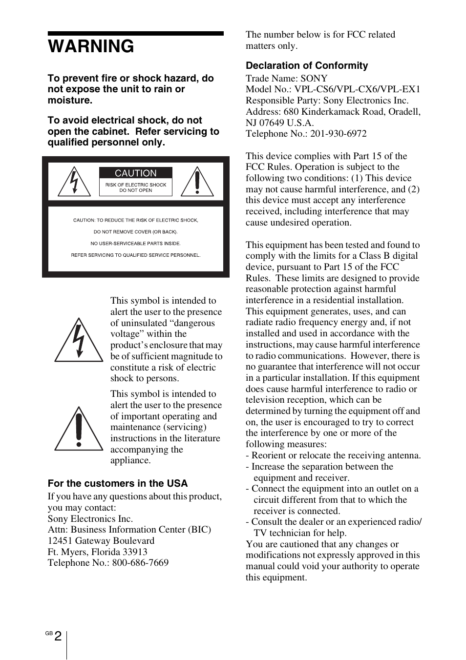Warning | Sony VPL-EX1 User Manual | Page 2 / 164