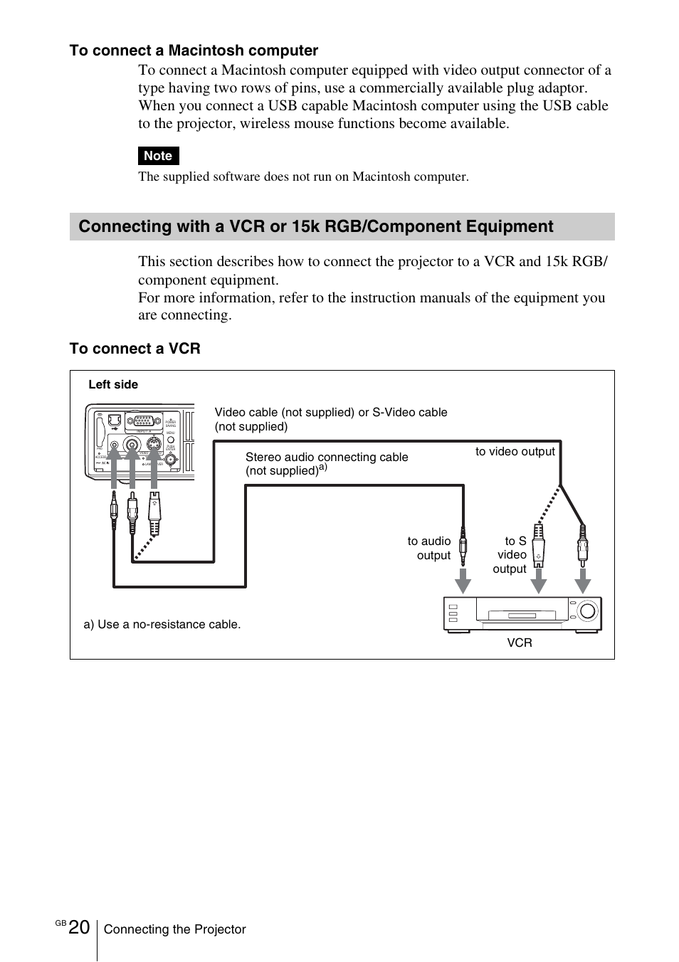 Connecting with a vcr or 15k, Rgb/component equipment, Connecting the projector | Sony VPL-EX1 User Manual | Page 20 / 164