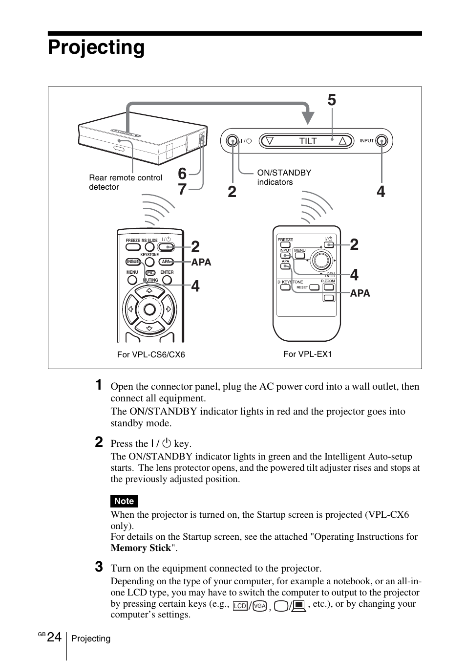 Projecting | Sony VPL-EX1 User Manual | Page 24 / 164