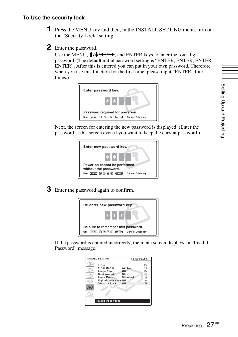 Security lock, Setting, Enter the password | Enter the password again to confirm | Sony VPL-EX1 User Manual | Page 27 / 164