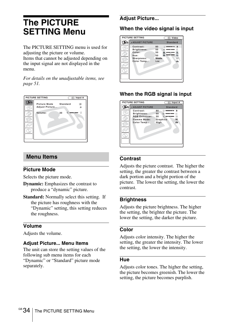 The picture setting menu, Menu items, Picture mode | Volume, Brightness, Color | Sony VPL-EX1 User Manual | Page 34 / 164