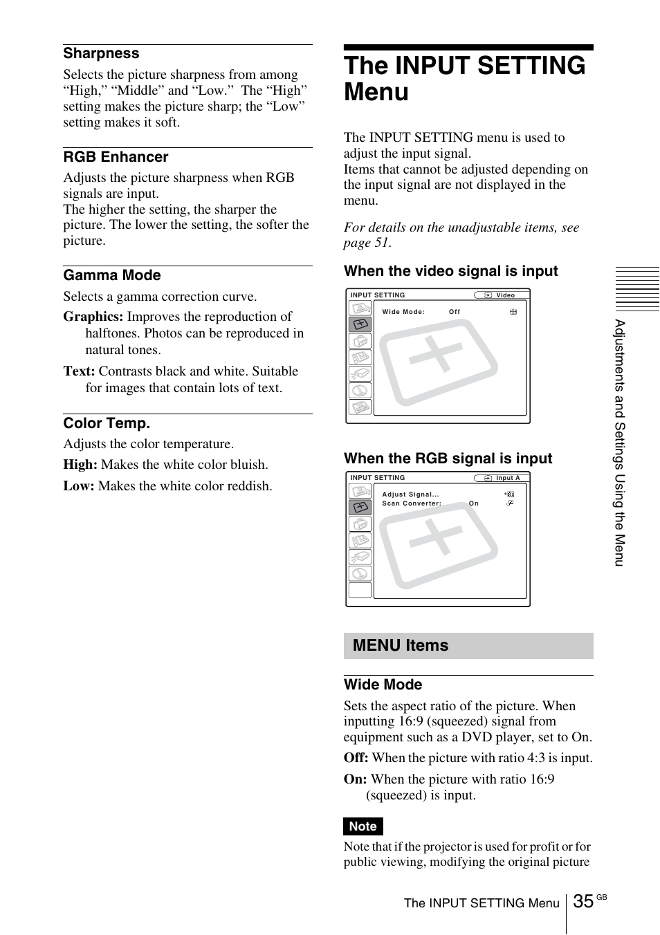 The input setting menu, Menu items | Sony VPL-EX1 User Manual | Page 35 / 164
