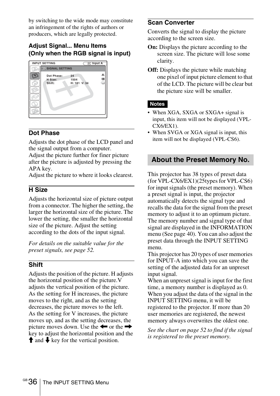 Dot phase, H size, Shift | Scan converter | Sony VPL-EX1 User Manual | Page 36 / 164