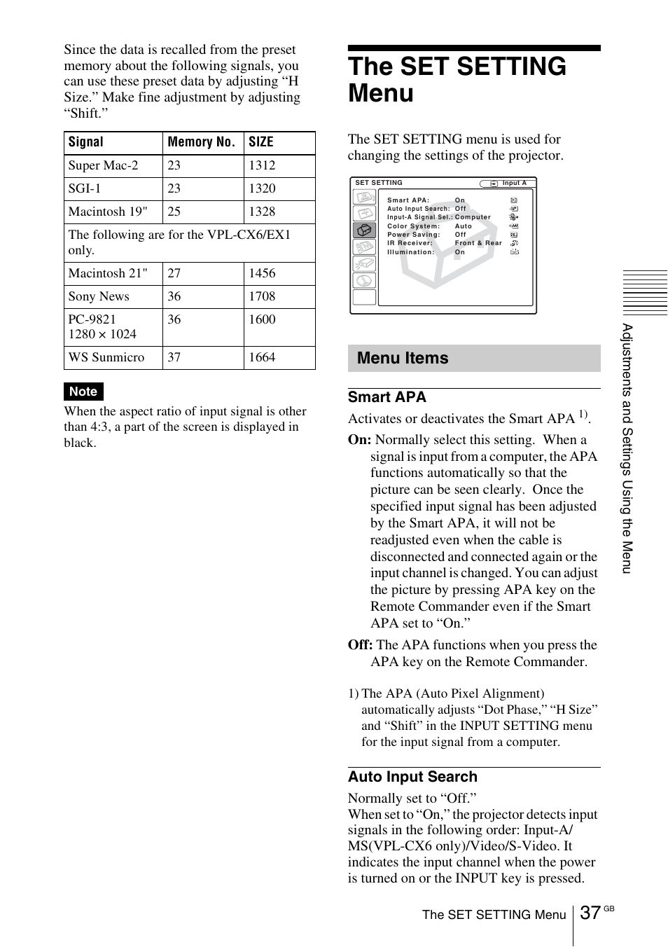 The set setting menu, Menu items | Sony VPL-EX1 User Manual | Page 37 / 164