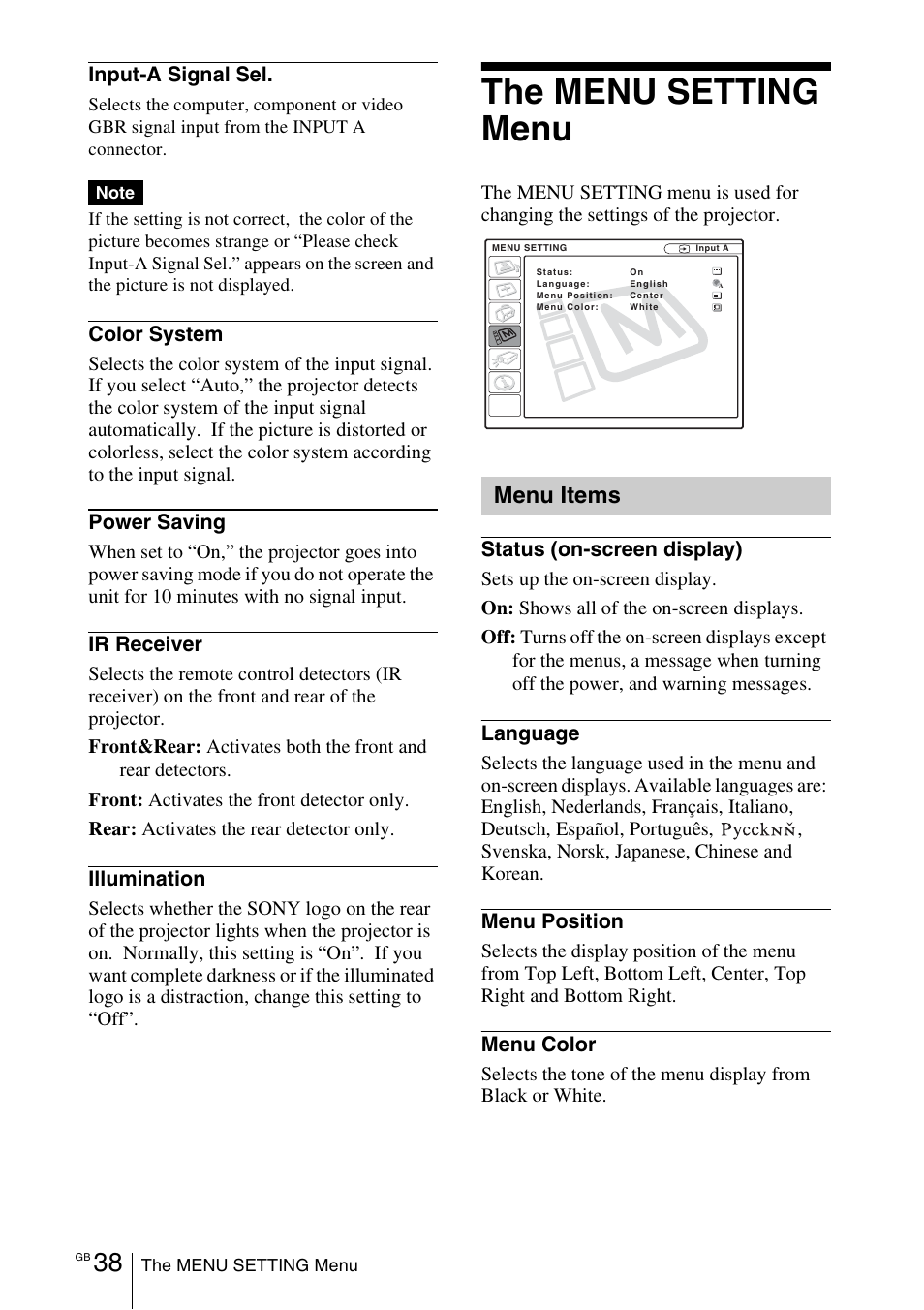 The menu setting menu, Menu items | Sony VPL-EX1 User Manual | Page 38 / 164