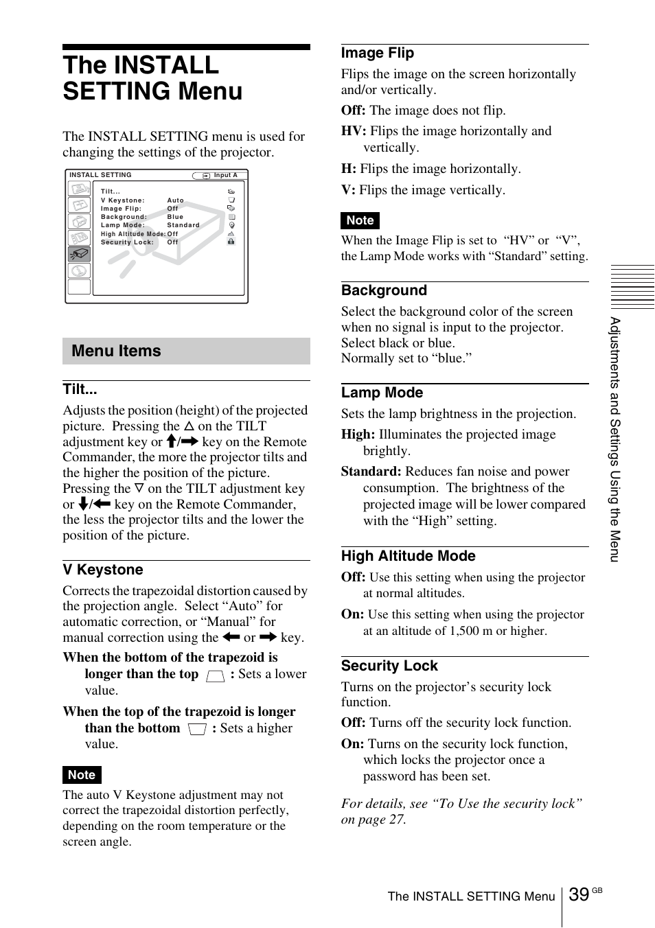The install setting menu, Menu items | Sony VPL-EX1 User Manual | Page 39 / 164