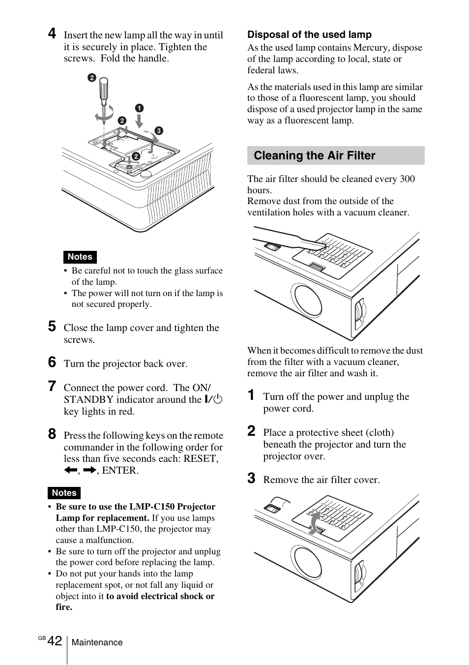 Cleaning the air filter | Sony VPL-EX1 User Manual | Page 42 / 164