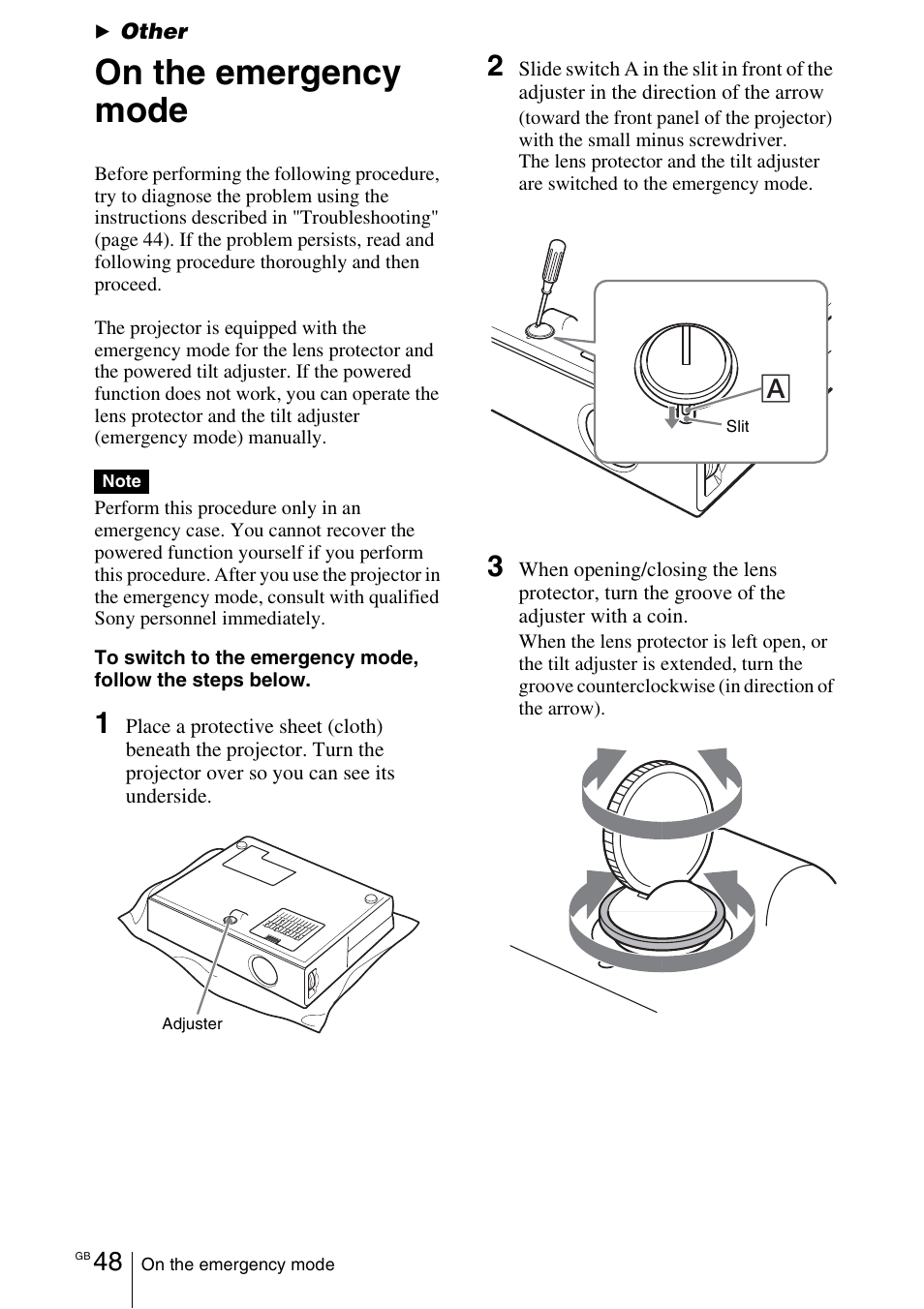 Other, On the emergency mode | Sony VPL-EX1 User Manual | Page 48 / 164