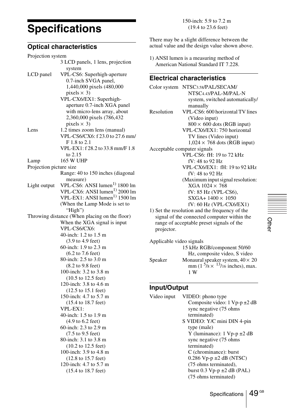 Specifications, Optical characteristics, Electrical characteristics | Input/output | Sony VPL-EX1 User Manual | Page 49 / 164