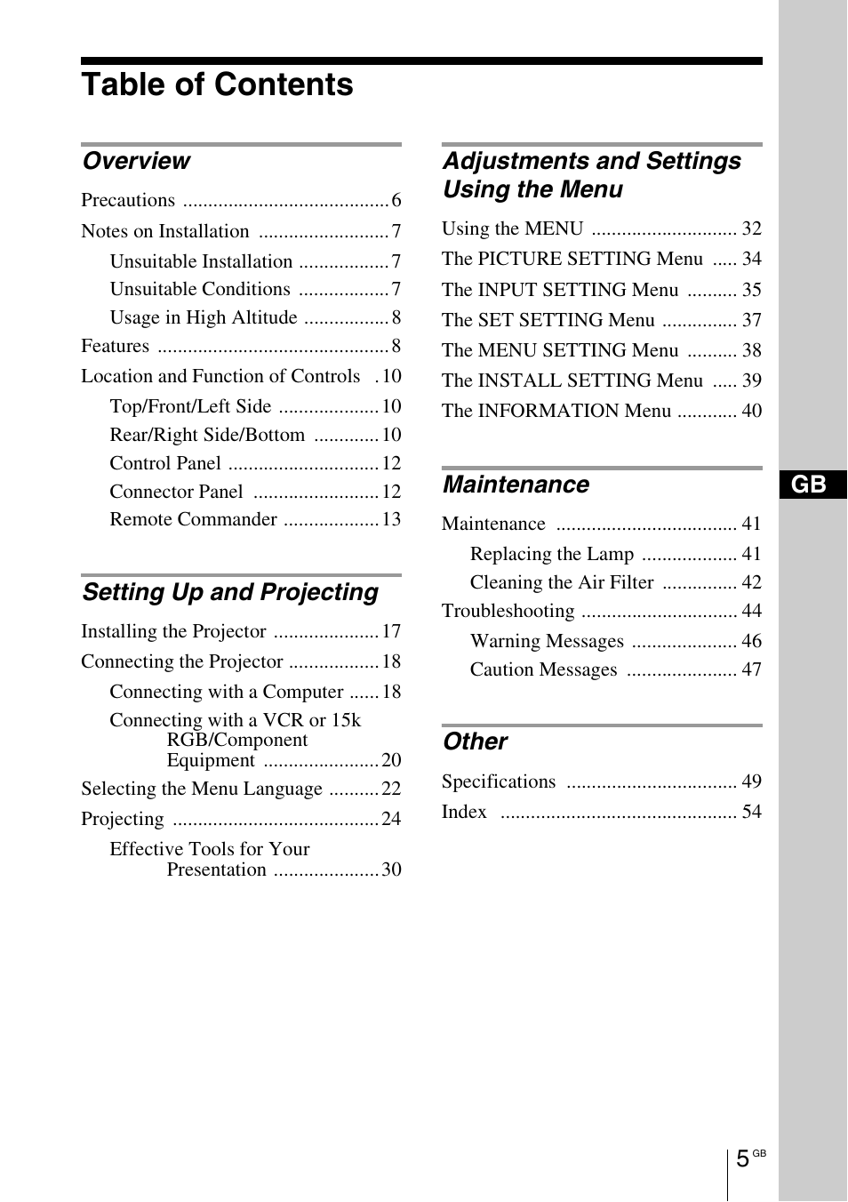 Sony VPL-EX1 User Manual | Page 5 / 164