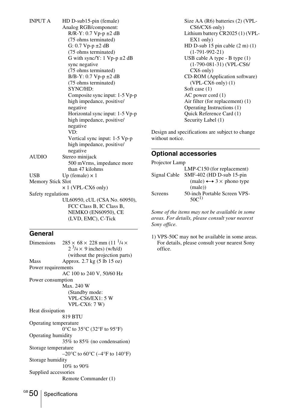 General, Optional accessories | Sony VPL-EX1 User Manual | Page 50 / 164