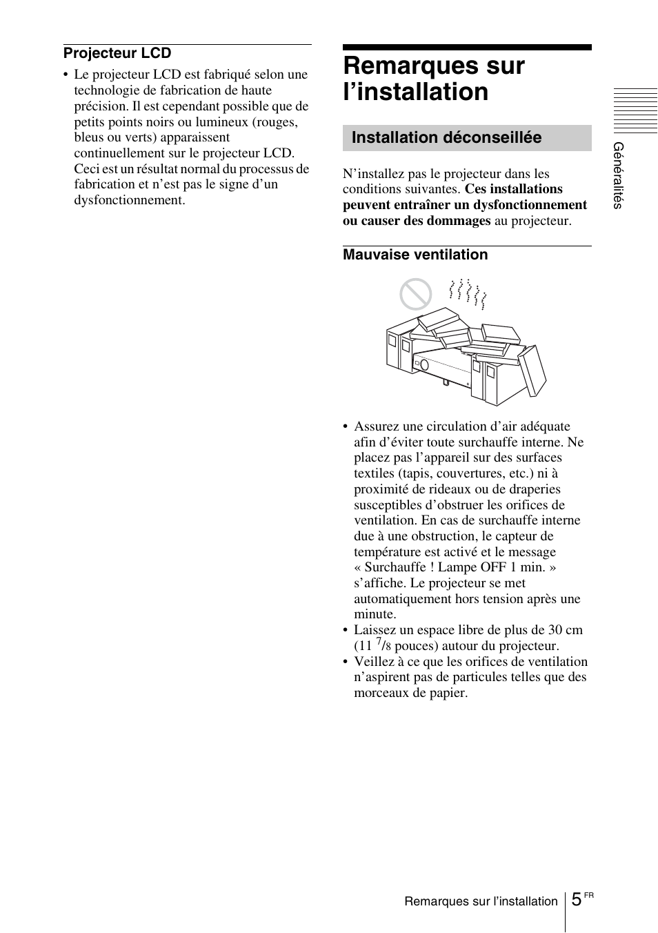 Remarques sur l’installation, Installation déconseillée | Sony VPL-EX1 User Manual | Page 59 / 164