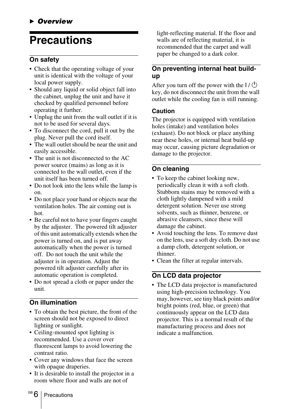 Overview, Precautions | Sony VPL-EX1 User Manual | Page 6 / 164